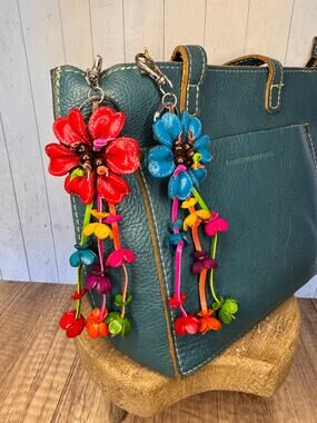 Genuine Leather Daisy Flower Leather Bag Charms Set of 2 Red Flower Blue Flower